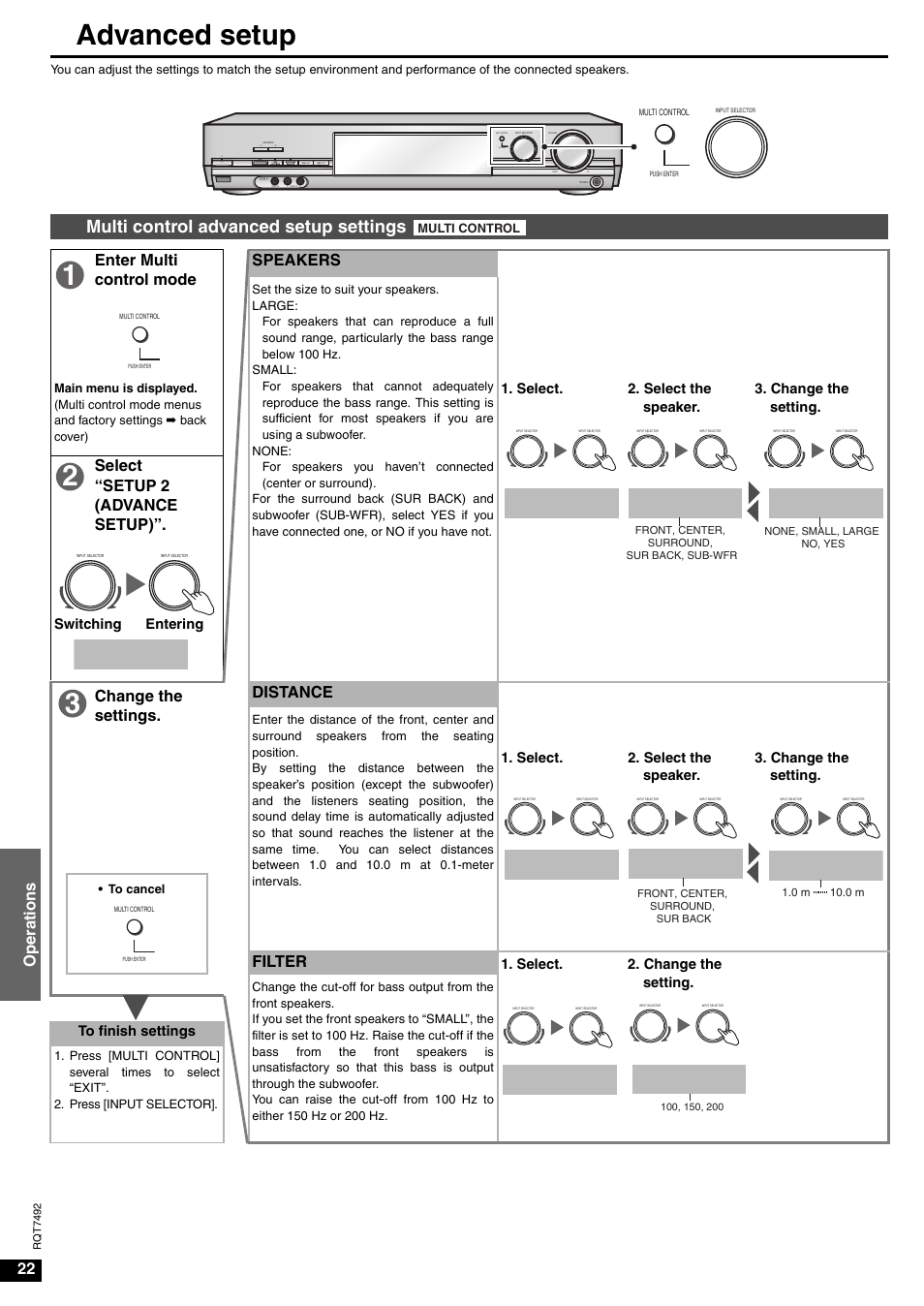 Speakers, Front, Small | Setup 2, Distance, Advanced setup, Multi control advanced setup settings, 22 oper ations, Enter multi control mode speakers, Select “setup 2 (advance setup) | Panasonic SA-XR50  EN User Manual | Page 22 / 24