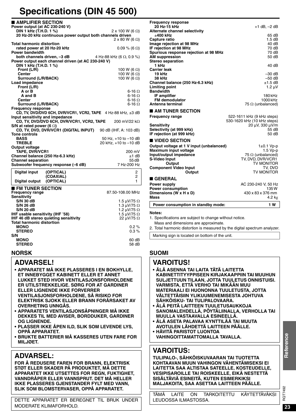 Advarsel, Varoitus, Norsk suomi | Panasonic SA-XR50  EN User Manual | Page 23 / 24