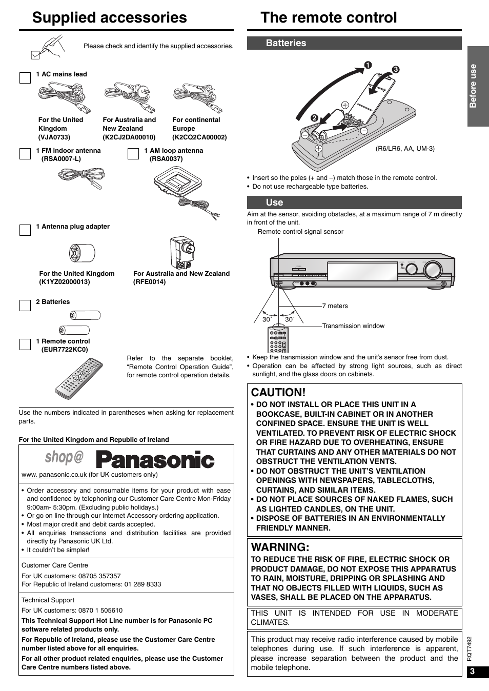 Supplied accessories, The remote control, Caution | Warning, Batteries use, 3bef o re us e | Panasonic SA-XR50  EN User Manual | Page 3 / 24