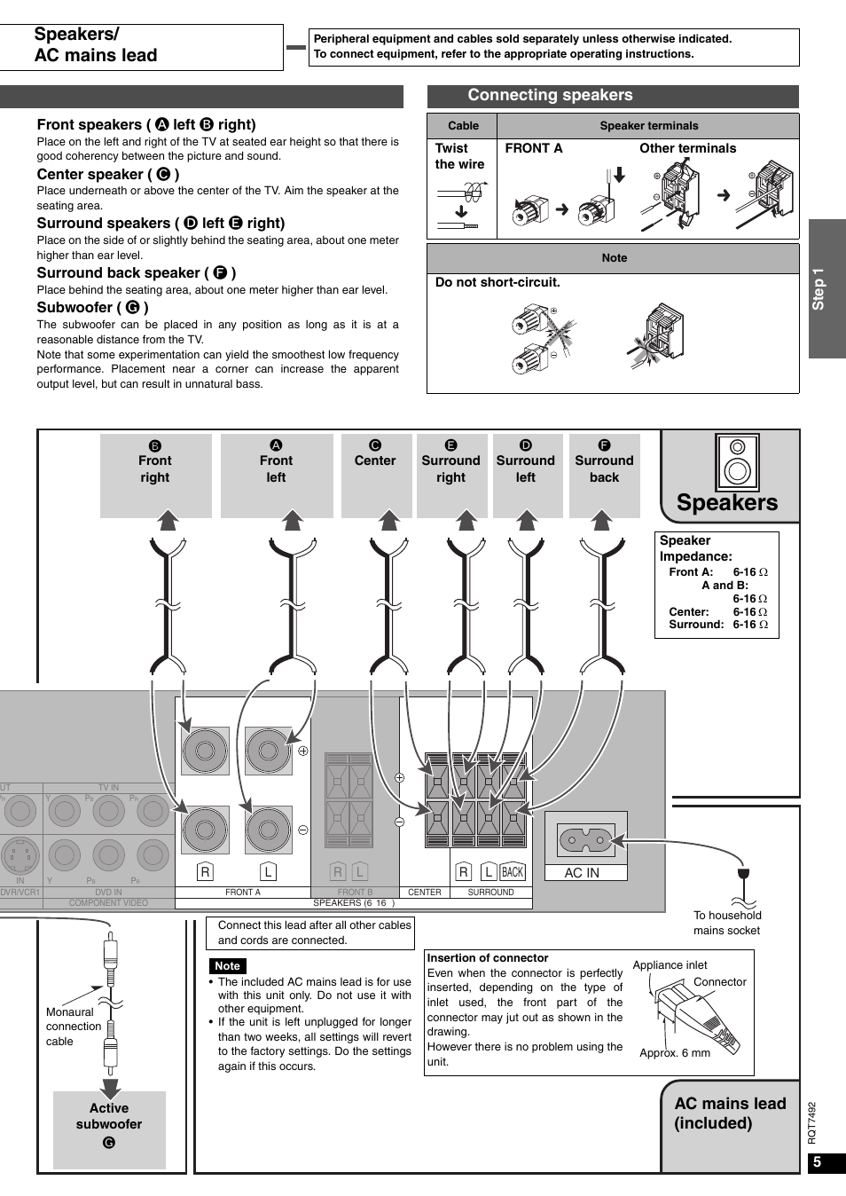 Speakers, Speakers/ ac mains lead, Connecting speakers | Ac mains lead (included) | Panasonic SA-XR50  EN User Manual | Page 5 / 24