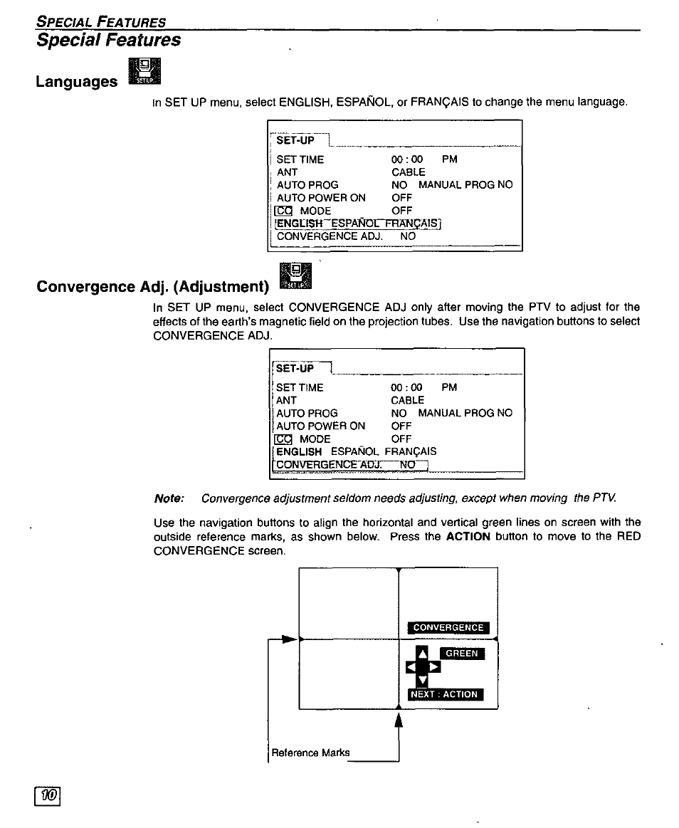 Special features, Languages, Convergence adj. (adjustment) | Convergence adjustment | Panasonic PT-51G43 User Manual | Page 12 / 36