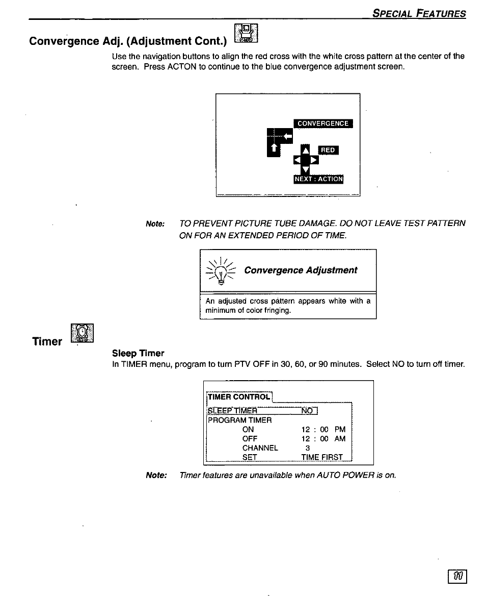 Convergence adj. (adjustment cont.), Timer, Sleep timer | Convergence adj. (adjustment cont.) timer | Panasonic PT-51G43 User Manual | Page 13 / 36