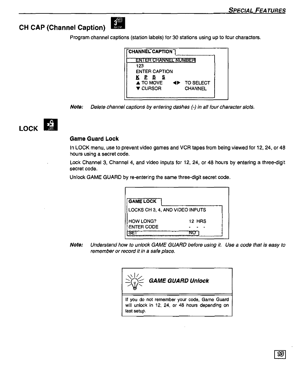 Ch cap (channel caption), Lock, Game guard lock | Ch cap {channel caption) | Panasonic PT-51G43 User Manual | Page 15 / 36