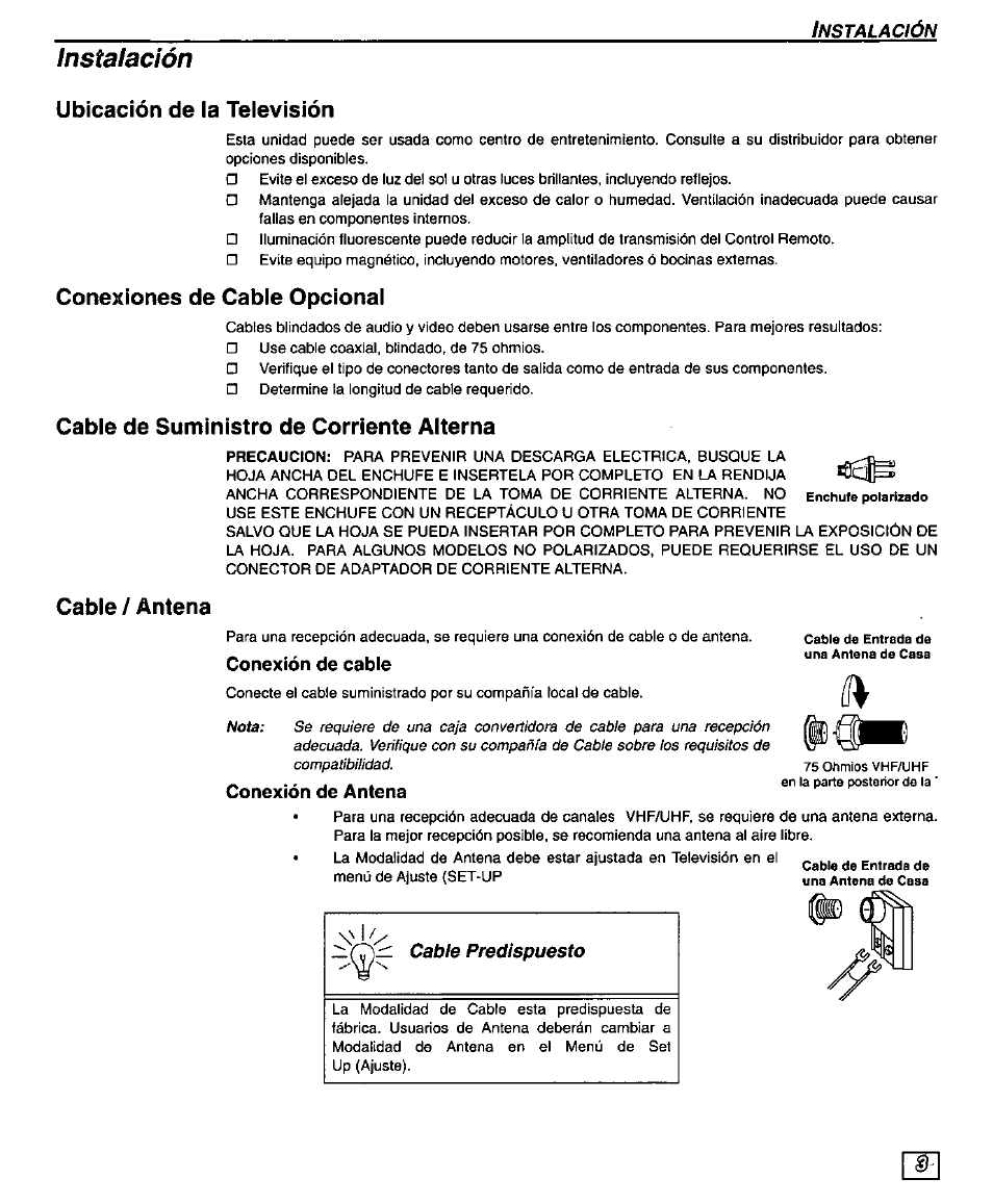 Instalación, Ubicación de la televisión, Conexiones de cable opcional | Cable de suministro de corriente alterna, Cable / antena, Conexión de cable, Conexión de antena, Instaiación | Panasonic PT-51G43 User Manual | Page 23 / 36
