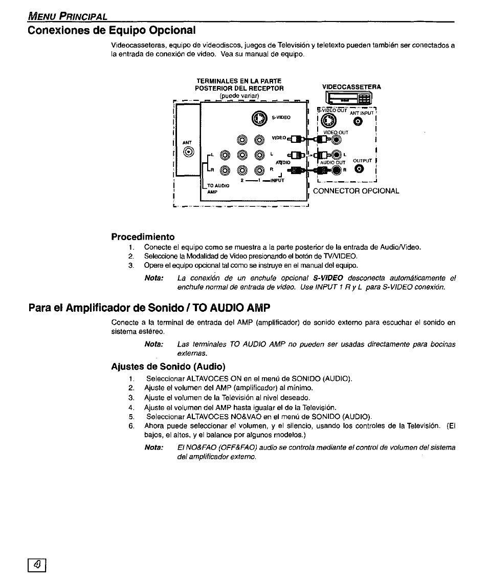Conexiones de equipo opcionai, Procedimiento, Para el amplificador de sonido / to audio amp | Ajustes de sonido (audio), Conexiones de equipo opcional | Panasonic PT-51G43 User Manual | Page 24 / 36