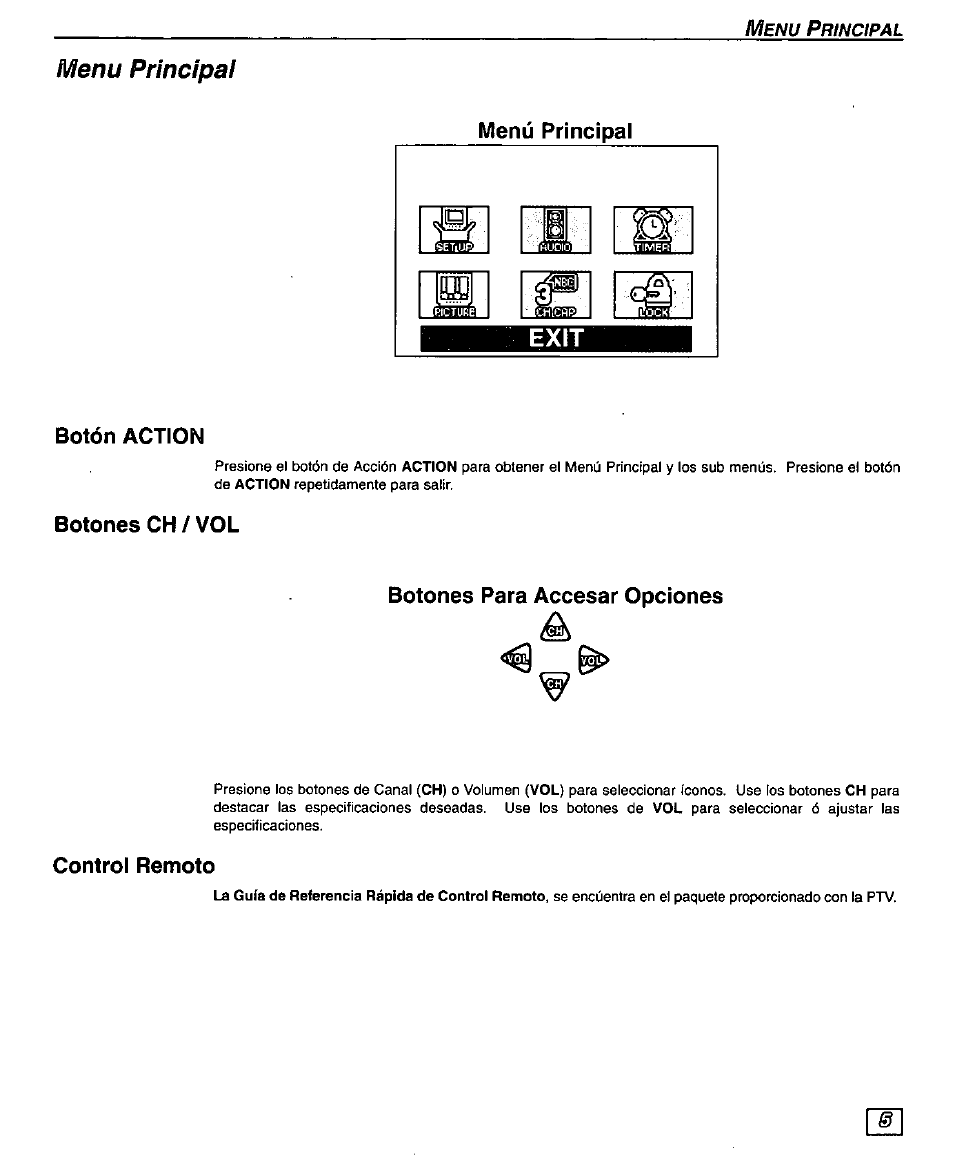 Menu principal, Menú principal, Botón action | Botones ch / vol, Botones para accasar opciones, Control remoto, Botón action botones ch / vol | Panasonic PT-51G43 User Manual | Page 25 / 36