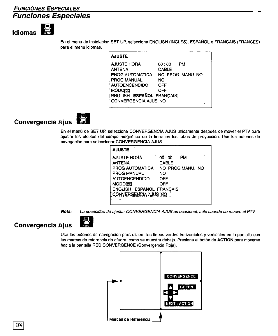 Funciones especiales, Idiomas, Convergencia ajus | Funciones especiaies | Panasonic PT-51G43 User Manual | Page 30 / 36