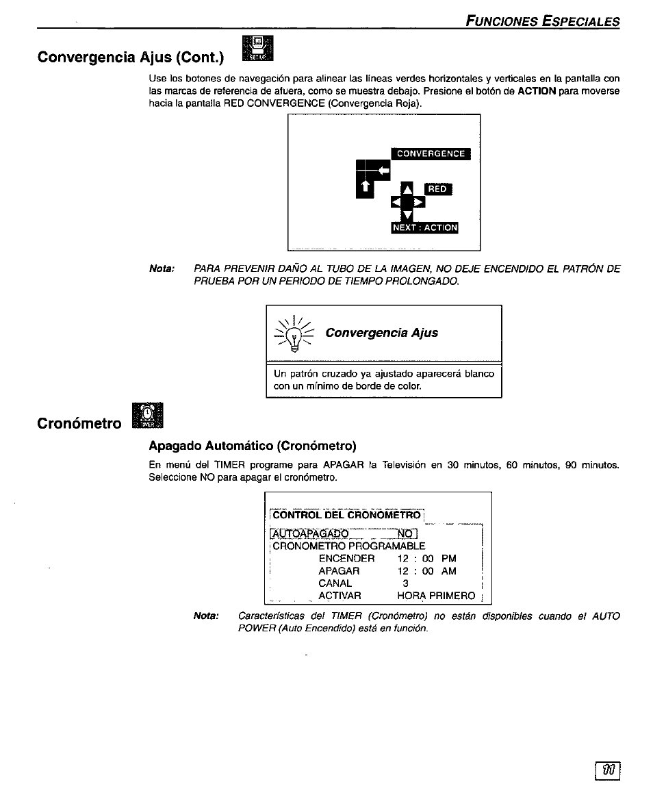 Convergencia ajus (cont.), Cronómetro, Apagado automático (cronómetro) | Panasonic PT-51G43 User Manual | Page 31 / 36