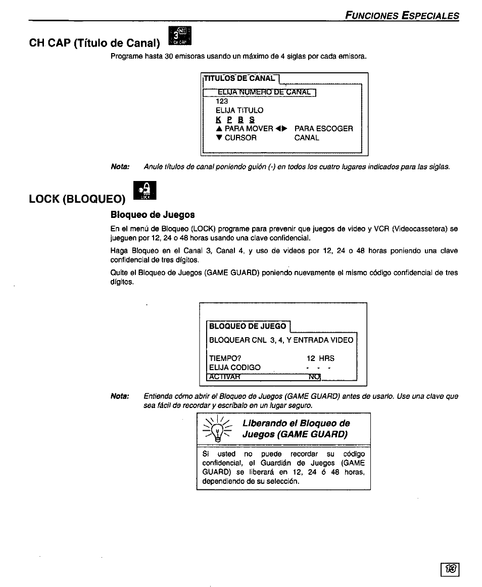 Ch cap (título de canal), Lock (bloqueo), Bloqueo de juegos | Lock (bloqueo) bloqueo de juegos | Panasonic PT-51G43 User Manual | Page 33 / 36