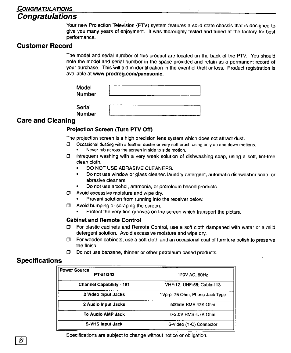 Congratulations, Customer record, Care and cleaning | Projection screen (turn ptv off), Cabinet and remote control, Specifications | Panasonic PT-51G43 User Manual | Page 4 / 36