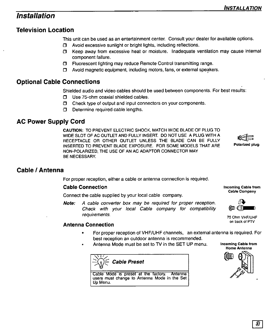 Installation, Television location, Optional cable connections | Ac power supply cord, Cable / antenna, Antenna connection, Cable connection | Panasonic PT-51G43 User Manual | Page 5 / 36