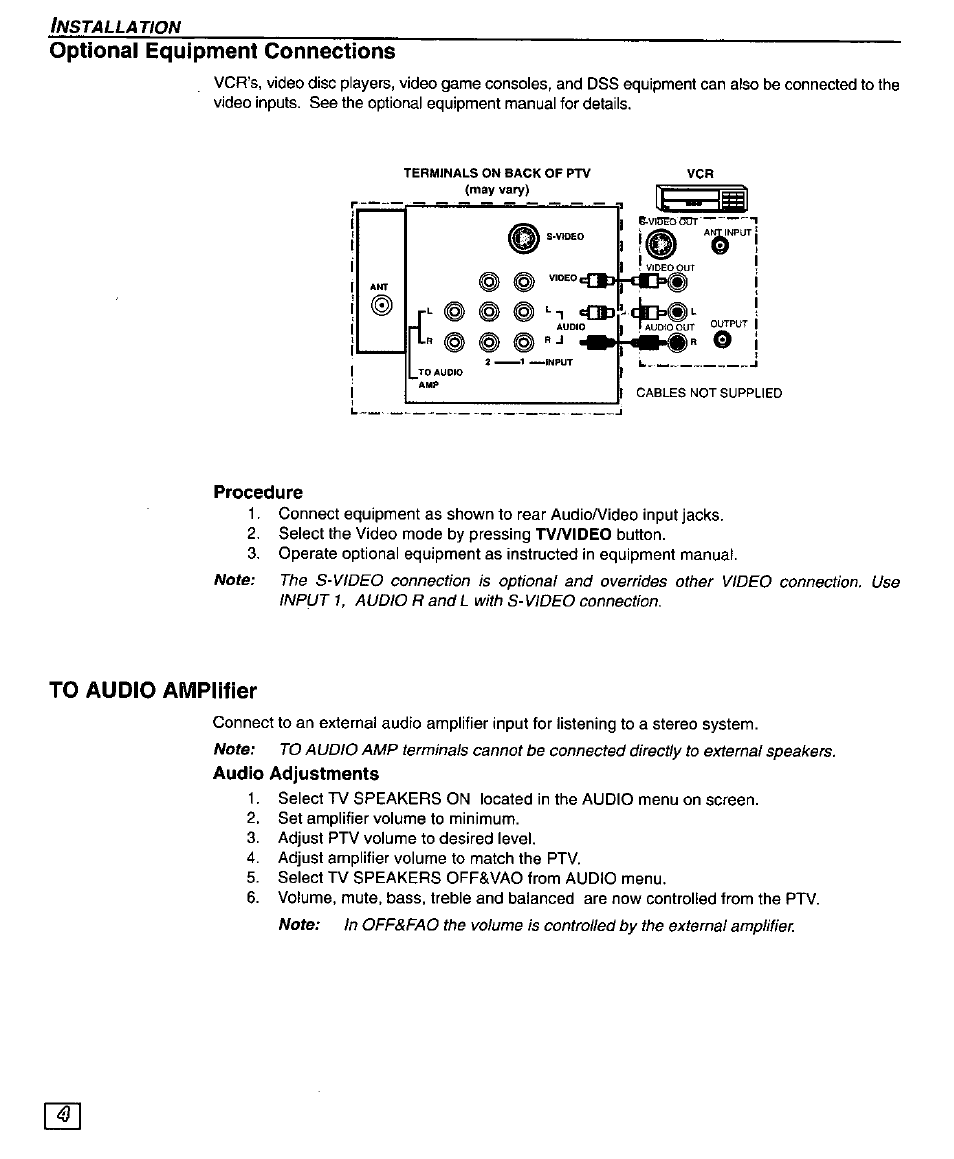 Optional equipment connections, Procedure, To audio amplifier | Audio adjustments | Panasonic PT-51G43 User Manual | Page 6 / 36