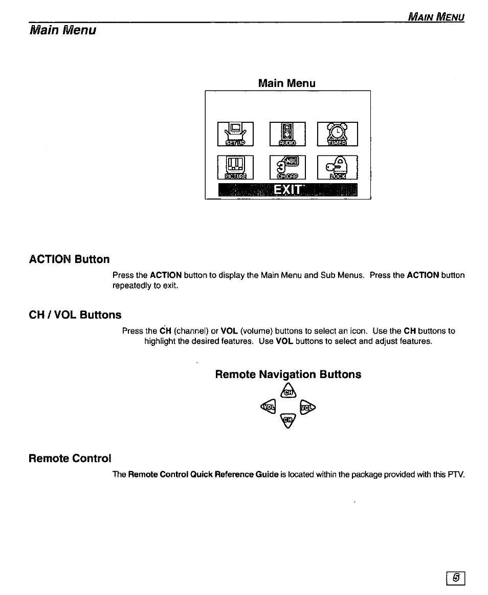 Main menu, Action button, Ch/vol buttons | Remote navigation buttons, Remote control, C h / v o l buttons, Action button main menu, Remote navigation buttons remote control | Panasonic PT-51G43 User Manual | Page 7 / 36