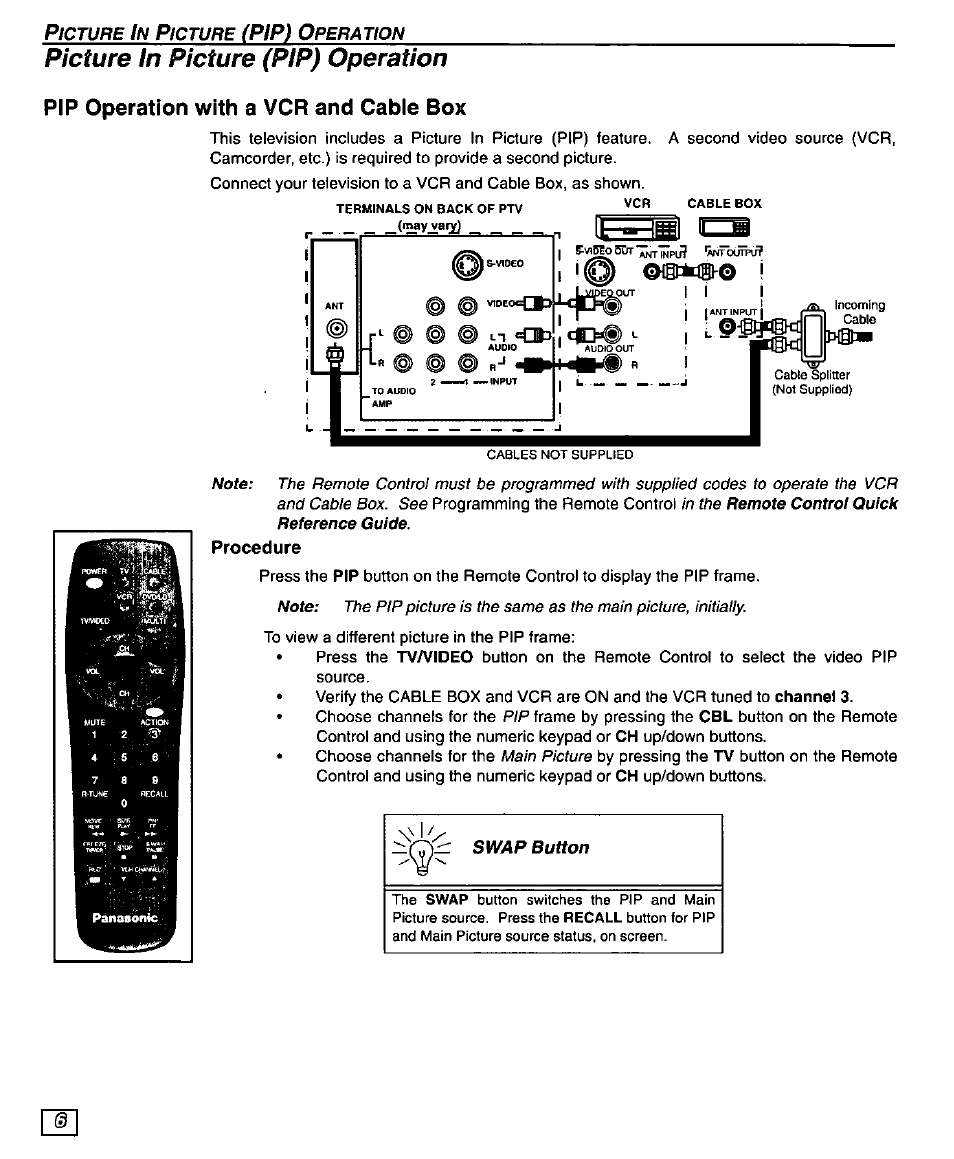 Picture in picture (pip) operation, Pip operation with a vcr and cable box, Procedure | Pfp) o | Panasonic PT-51G43 User Manual | Page 8 / 36