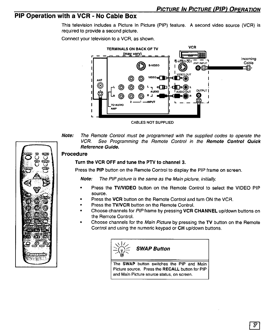 Pip operation with a vcr - no cabie box, Procedure, Pip operation with a vcr - no cable box | Pip) o | Panasonic PT-51G43 User Manual | Page 9 / 36