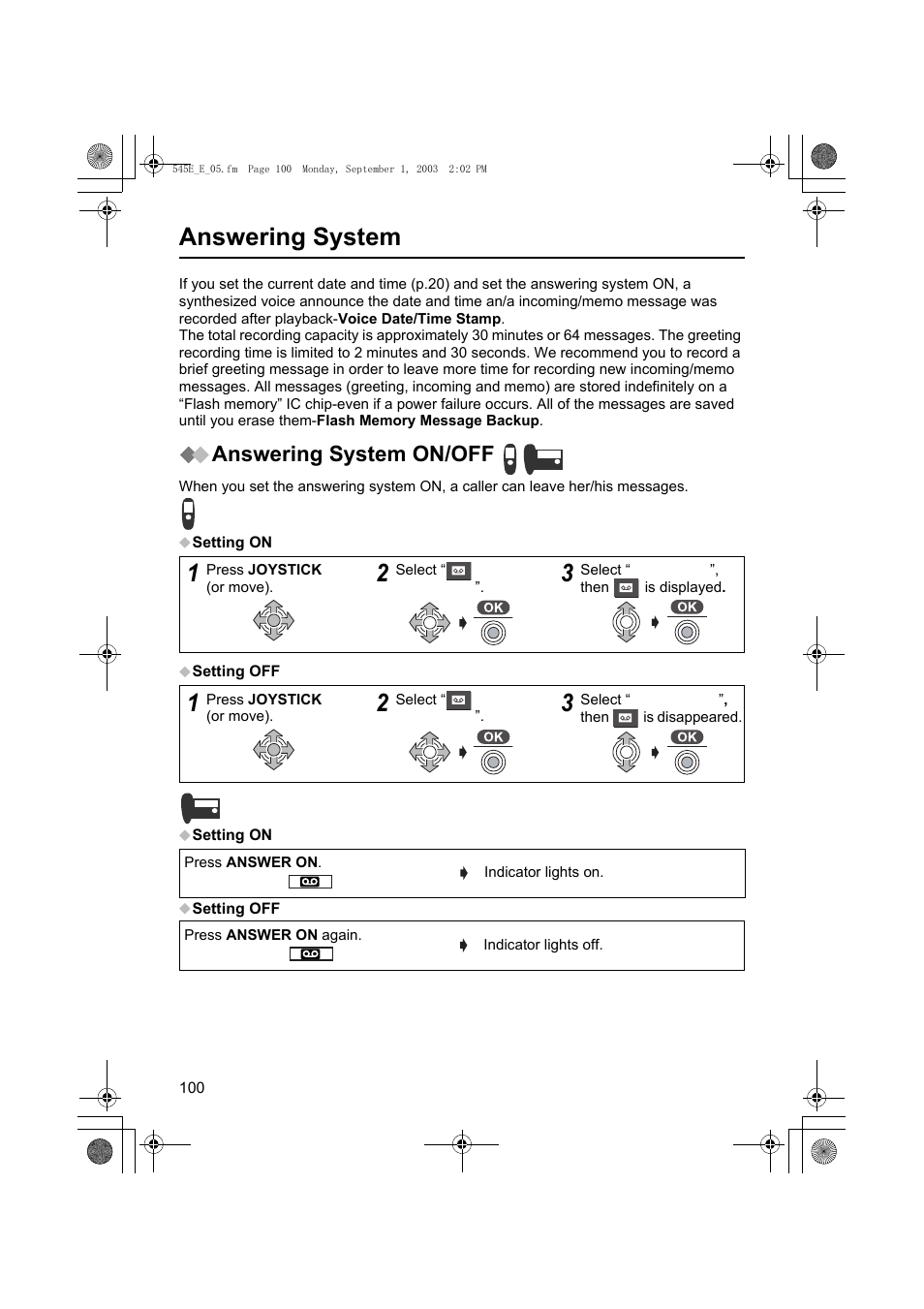 Answering system, Answering system on/off | Panasonic KX-TCD545E User Manual | Page 100 / 129