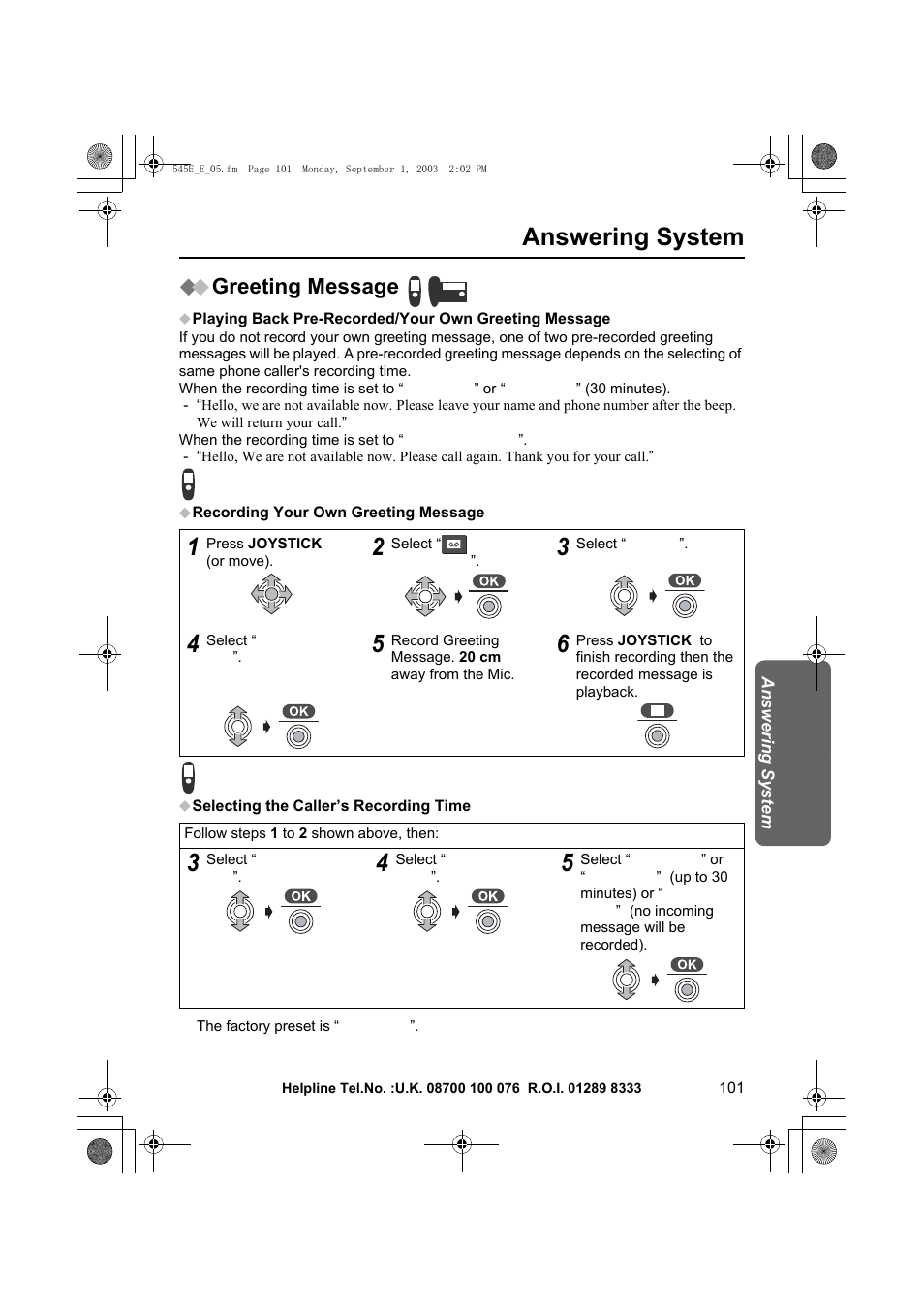 Answering system, Greeting message | Panasonic KX-TCD545E User Manual | Page 101 / 129