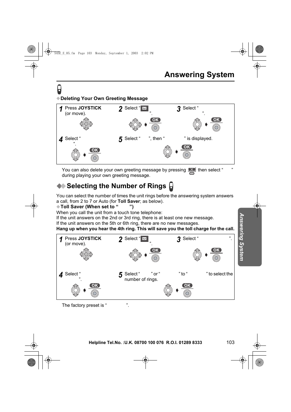 Answering system, Selecting the number of rings | Panasonic KX-TCD545E User Manual | Page 103 / 129