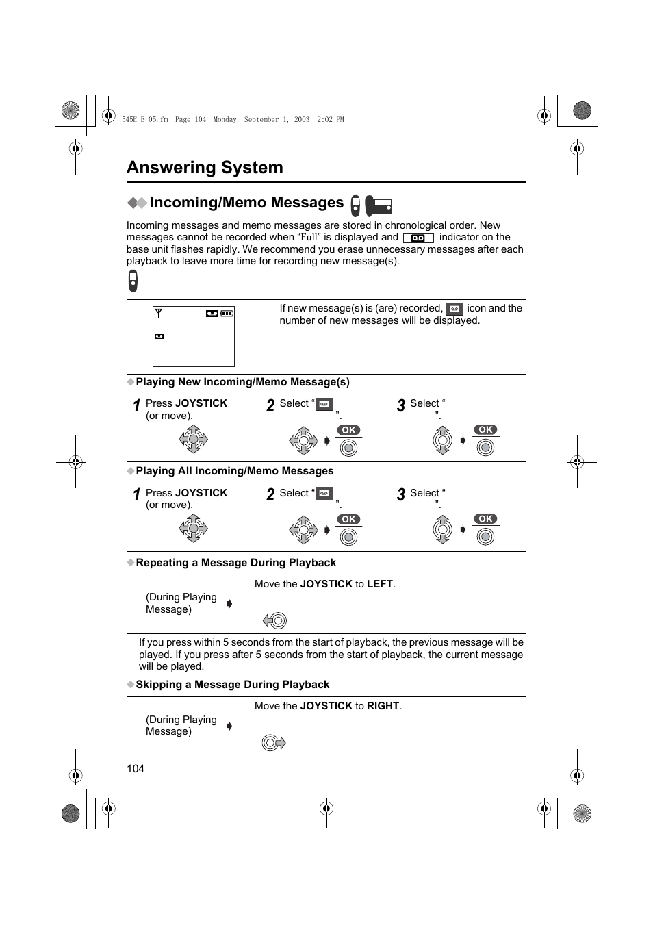 Answering system | Panasonic KX-TCD545E User Manual | Page 104 / 129