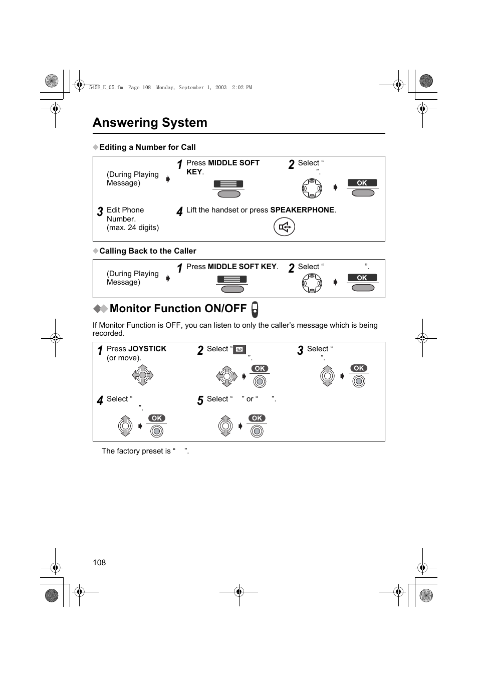 Answering system, Monitor function on/off | Panasonic KX-TCD545E User Manual | Page 108 / 129