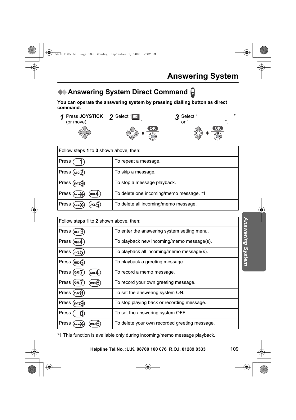 Answering system, Answering system direct command | Panasonic KX-TCD545E User Manual | Page 109 / 129