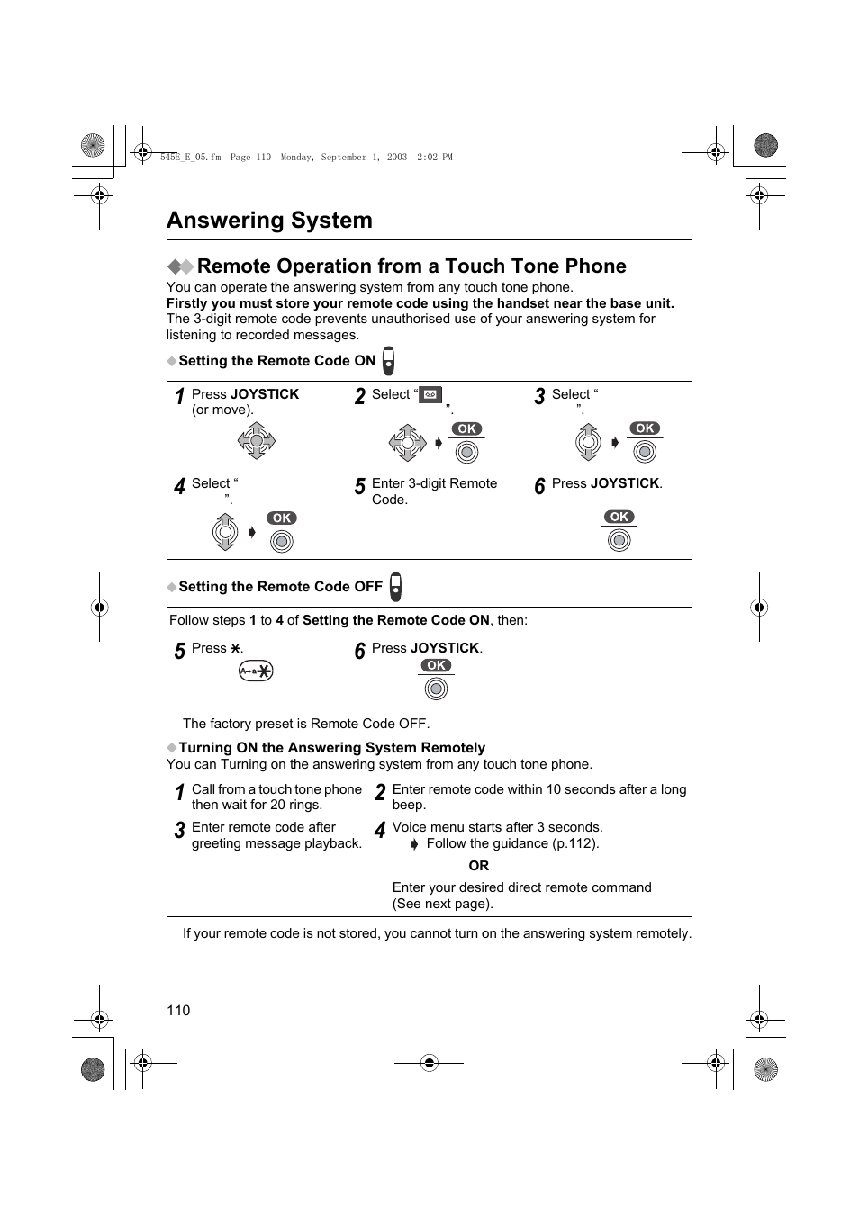 Answering system, Remote operation from a touch tone phone | Panasonic KX-TCD545E User Manual | Page 110 / 129