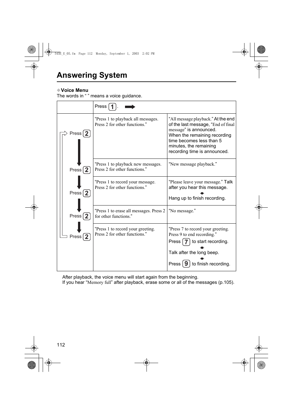 Answering system | Panasonic KX-TCD545E User Manual | Page 112 / 129