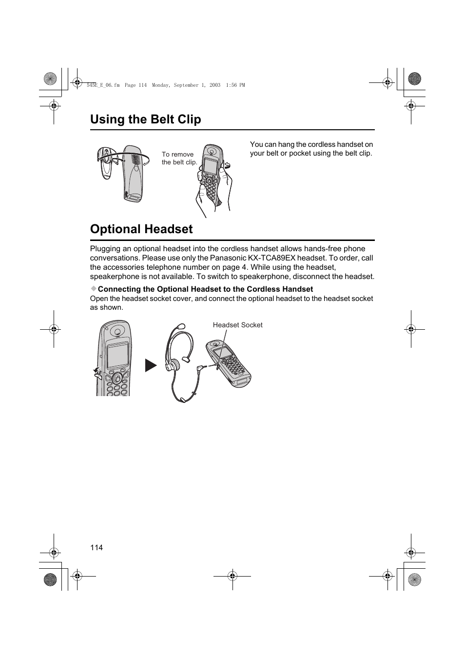 Using the belt clip optional headset | Panasonic KX-TCD545E User Manual | Page 114 / 129