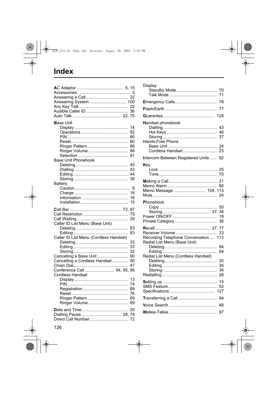 Index | Panasonic KX-TCD545E User Manual | Page 126 / 129