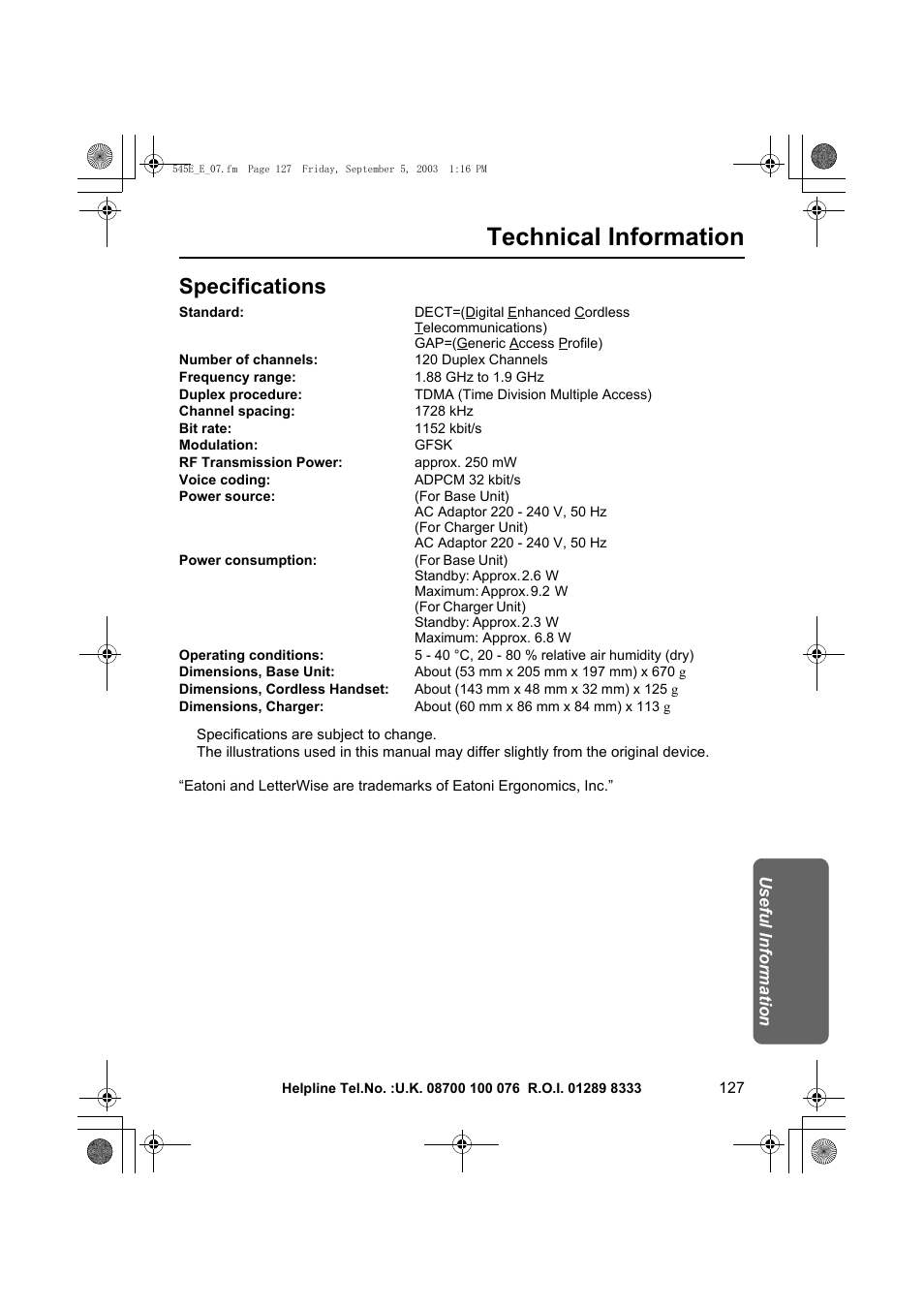 Technical information, Specifications | Panasonic KX-TCD545E User Manual | Page 127 / 129