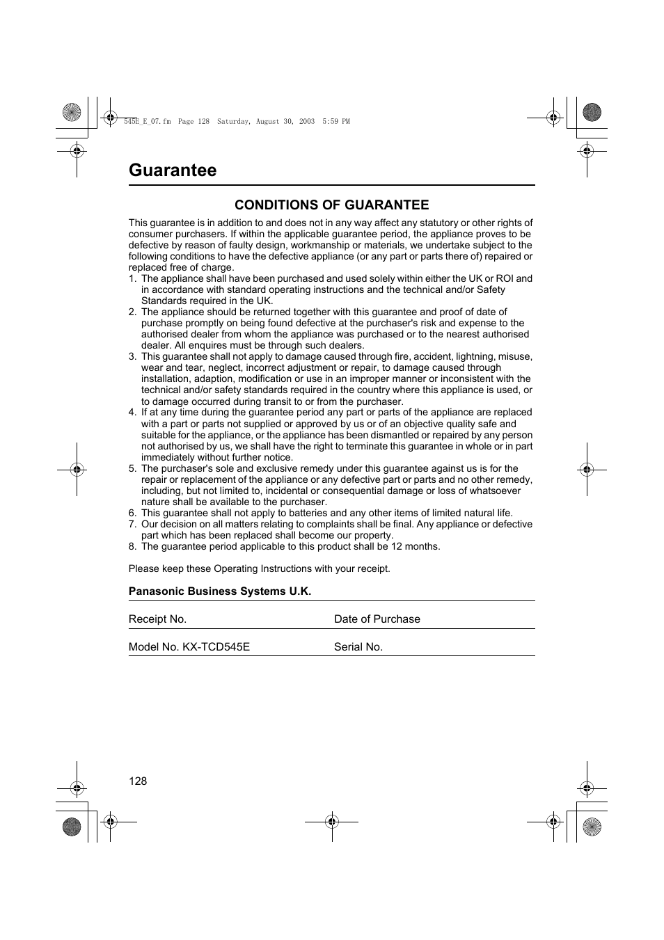 Guarantee, Conditions of guarantee | Panasonic KX-TCD545E User Manual | Page 128 / 129