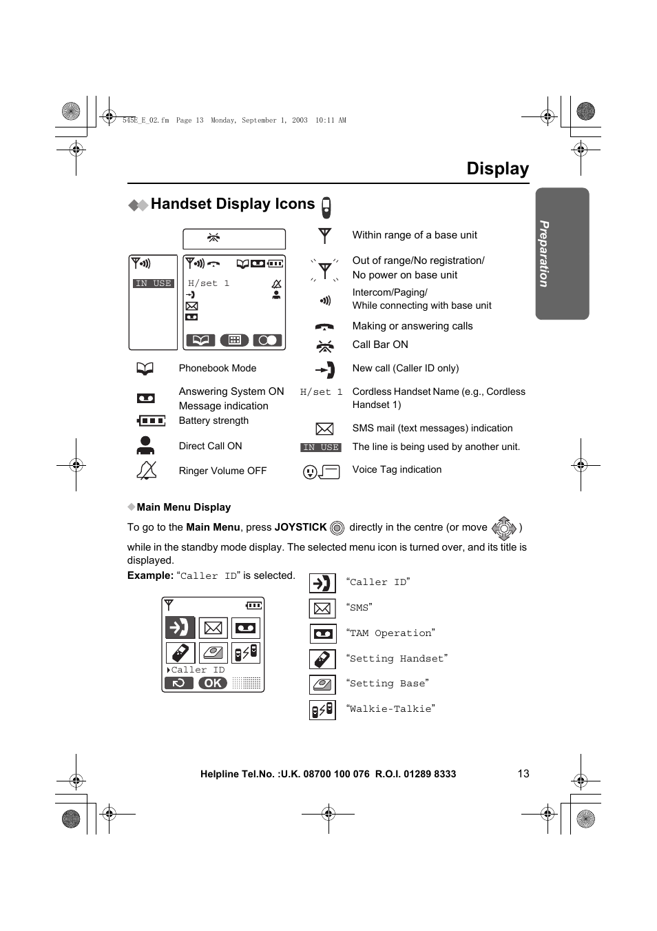 Display, Handset display icons | Panasonic KX-TCD545E User Manual | Page 13 / 129