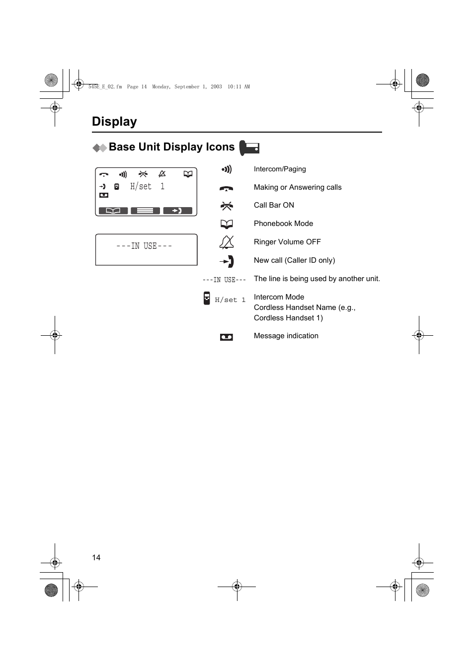 Display, Base unit display icons, H/set 1 in use | Panasonic KX-TCD545E User Manual | Page 14 / 129