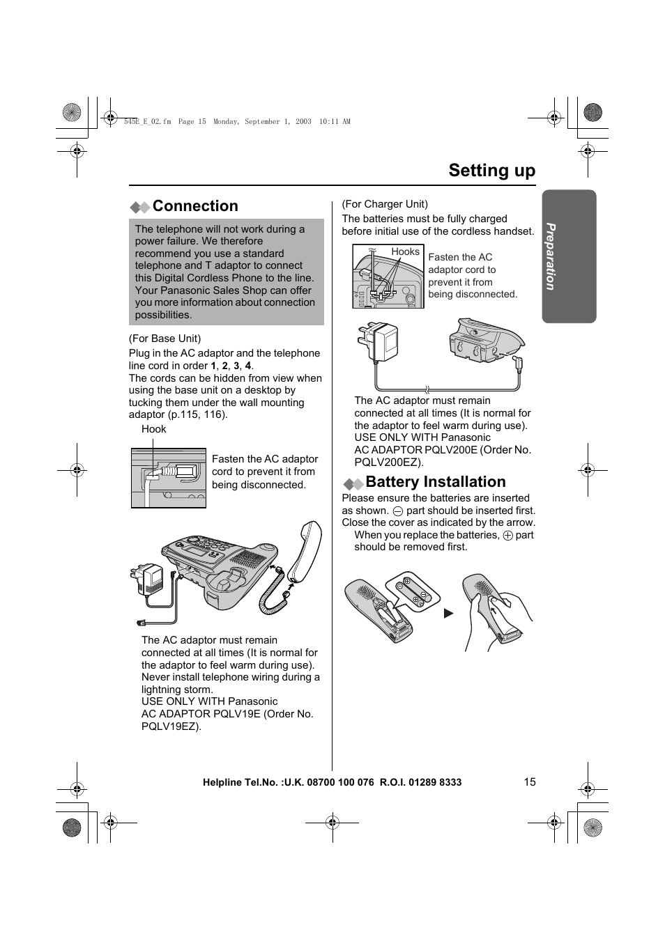 Setting up, Connection, Battery installation | Panasonic KX-TCD545E User Manual | Page 15 / 129