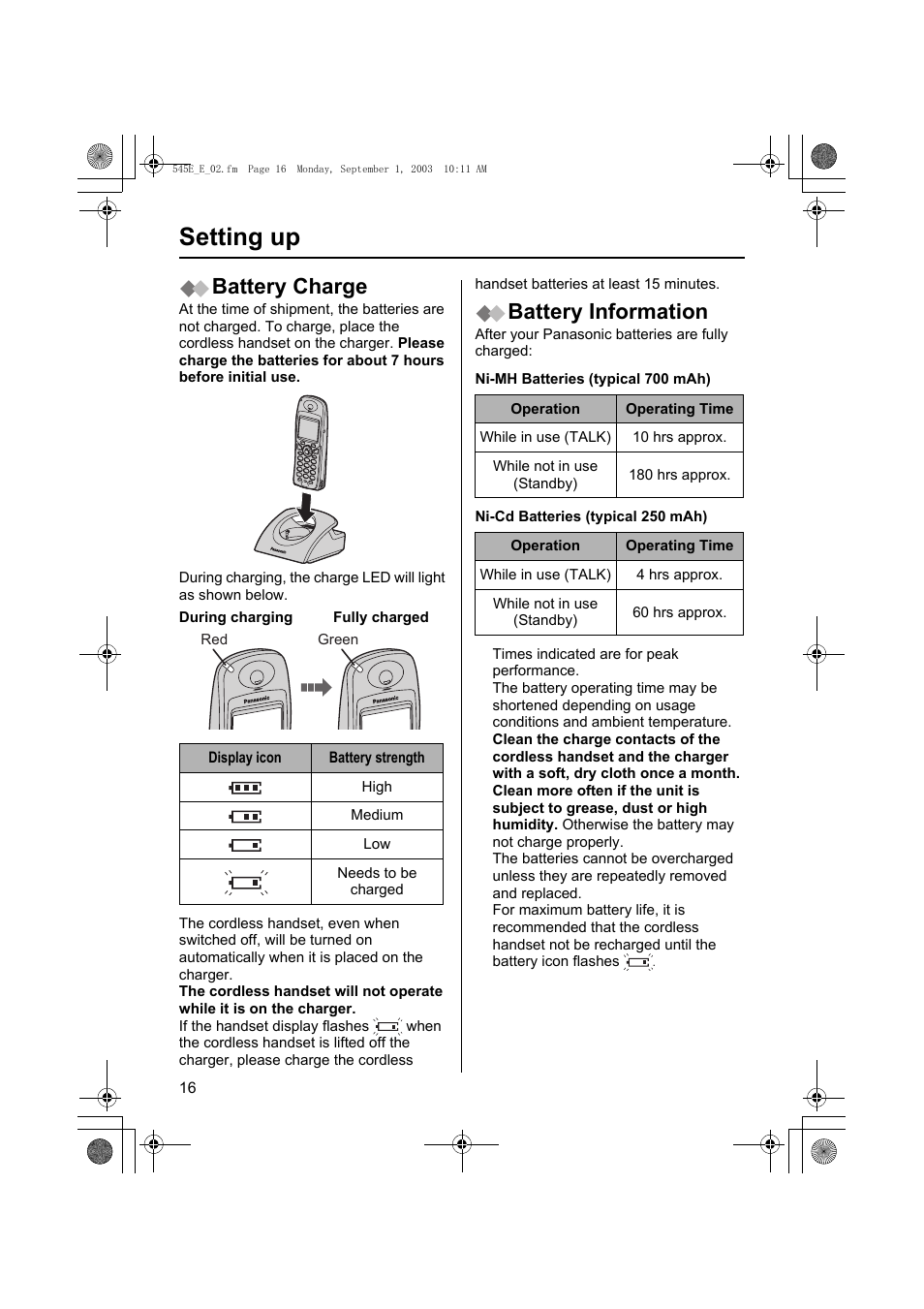 Setting up, Battery charge, Battery information | Panasonic KX-TCD545E User Manual | Page 16 / 129