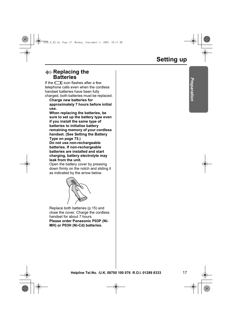 Setting up, Replacing the batteries | Panasonic KX-TCD545E User Manual | Page 17 / 129