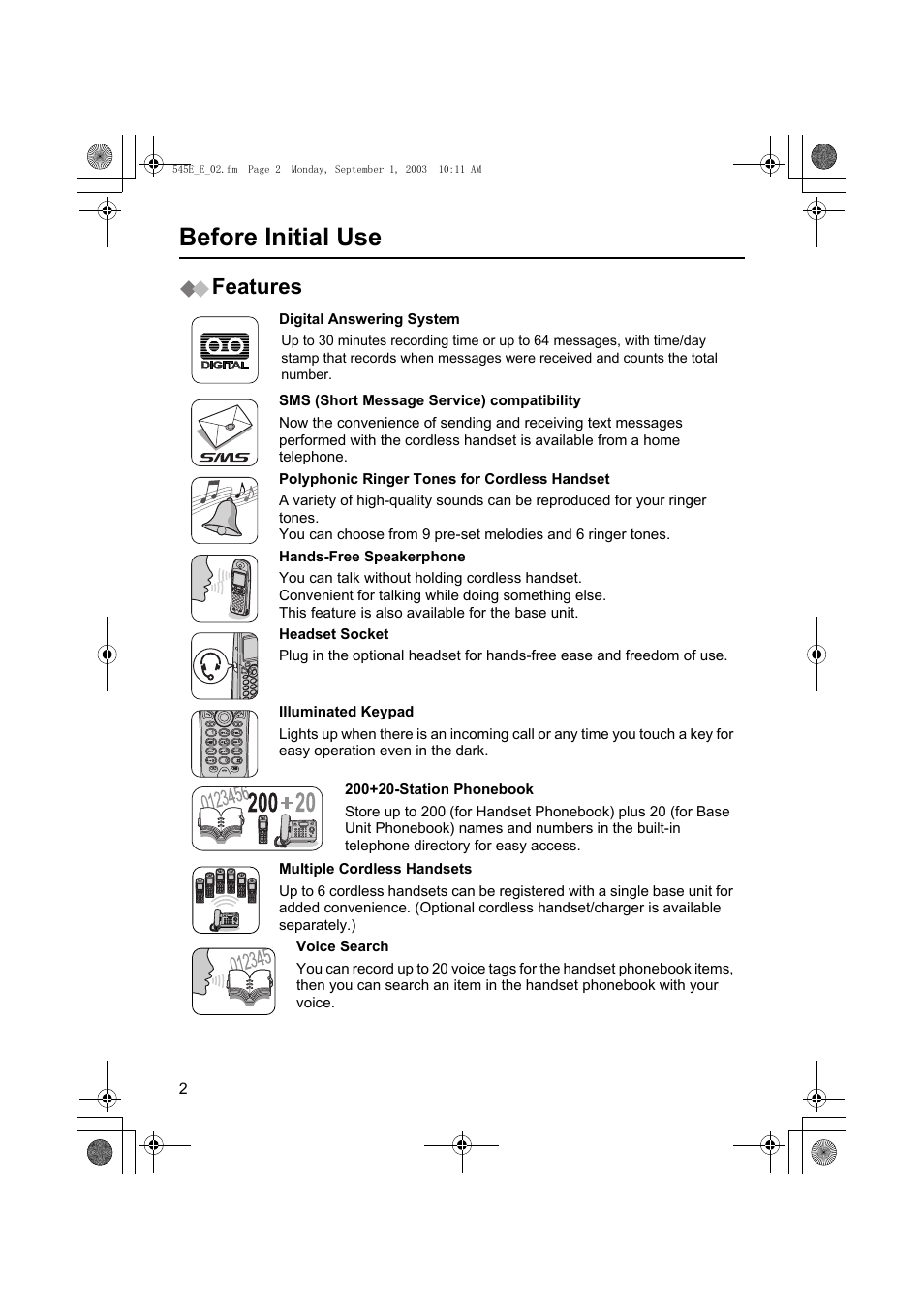 Before initial use, Features, Digital answering system | Panasonic KX-TCD545E User Manual | Page 2 / 129