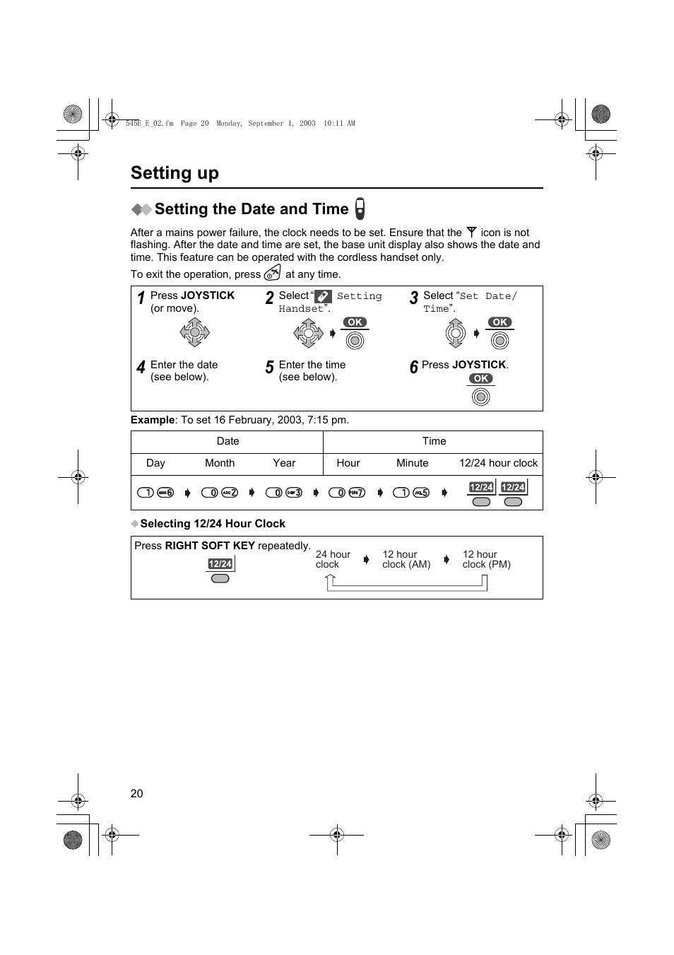 Setting up, Setting the date and time | Panasonic KX-TCD545E User Manual | Page 20 / 129