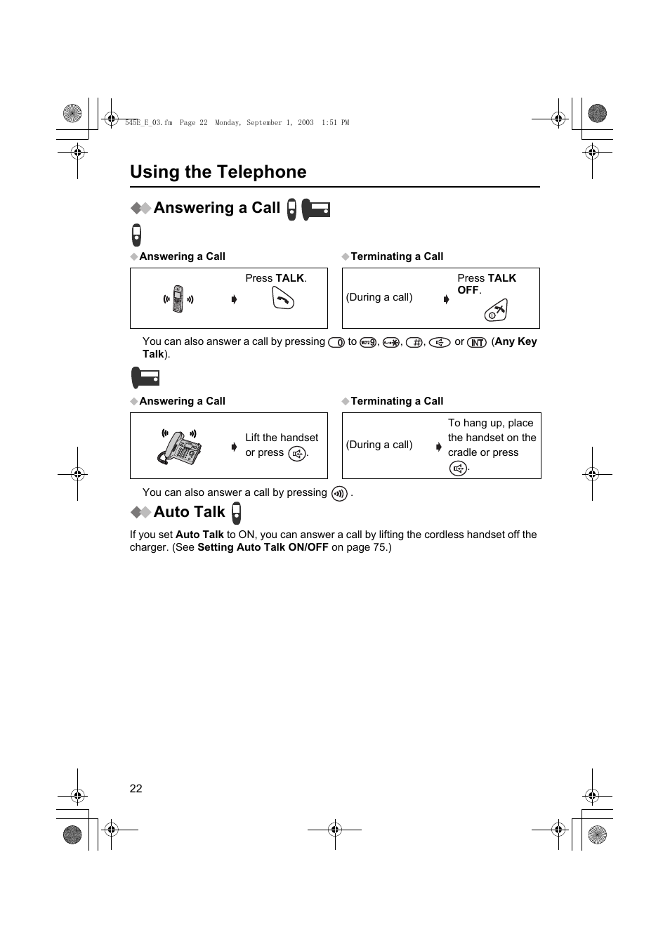 Using the telephone, Answering a call, Auto talk | Panasonic KX-TCD545E User Manual | Page 22 / 129