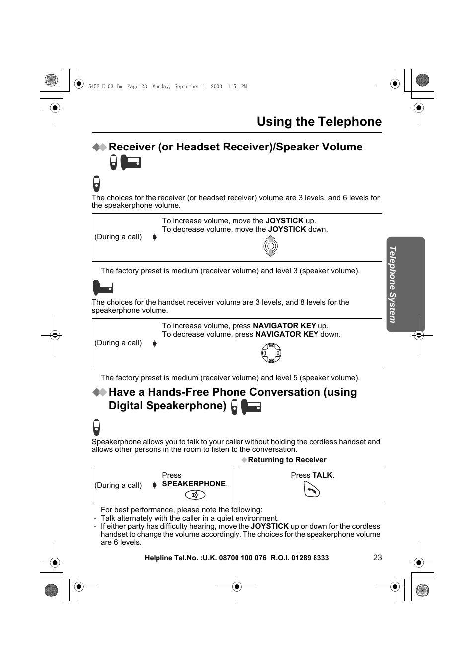 Using the telephone, Receiver (or headset receiver)/speaker volume | Panasonic KX-TCD545E User Manual | Page 23 / 129