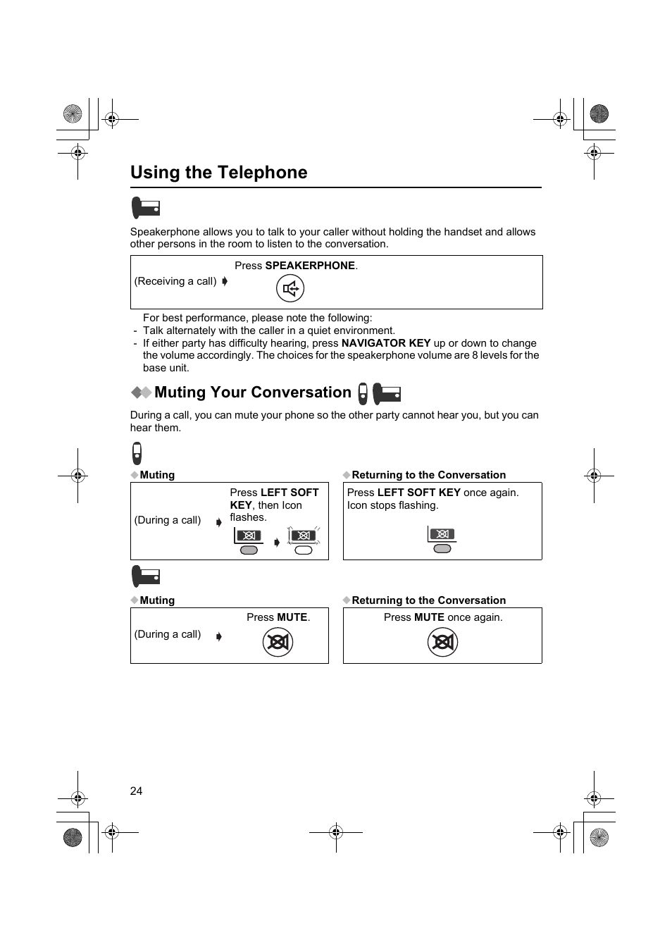 Using the telephone, Muting your conversation | Panasonic KX-TCD545E User Manual | Page 24 / 129