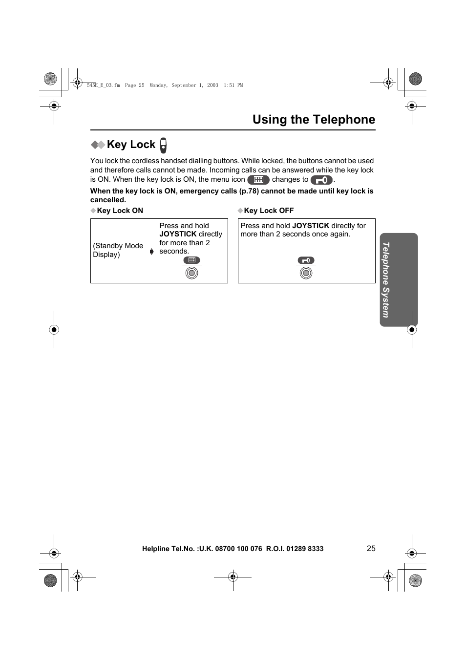 Using the telephone, Key lock | Panasonic KX-TCD545E User Manual | Page 25 / 129