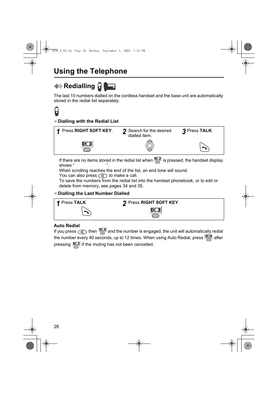 Using the telephone, Redialling | Panasonic KX-TCD545E User Manual | Page 26 / 129