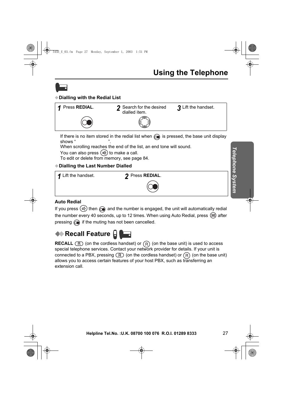 Using the telephone, Recall feature | Panasonic KX-TCD545E User Manual | Page 27 / 129