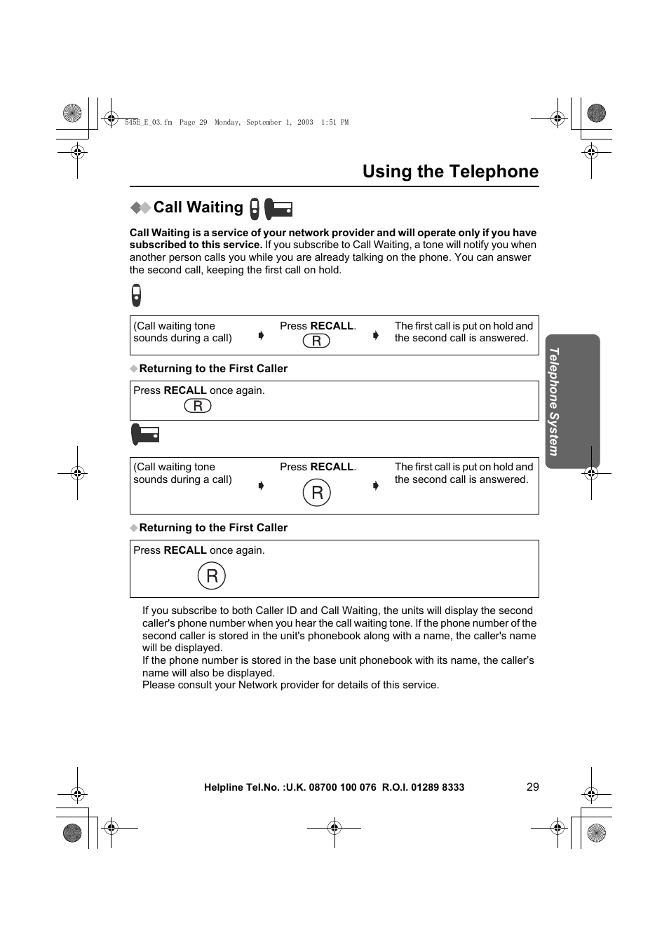 Using the telephone, Call waiting | Panasonic KX-TCD545E User Manual | Page 29 / 129