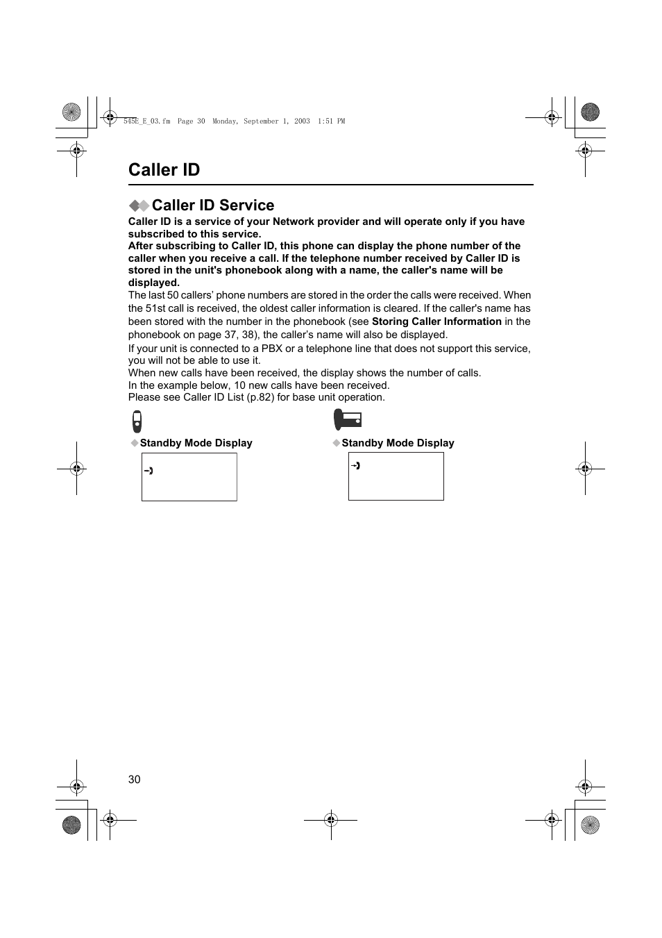 Caller id, Caller id service | Panasonic KX-TCD545E User Manual | Page 30 / 129