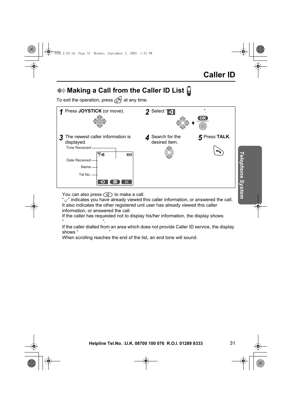 Caller id, Making a call from the caller id list | Panasonic KX-TCD545E User Manual | Page 31 / 129