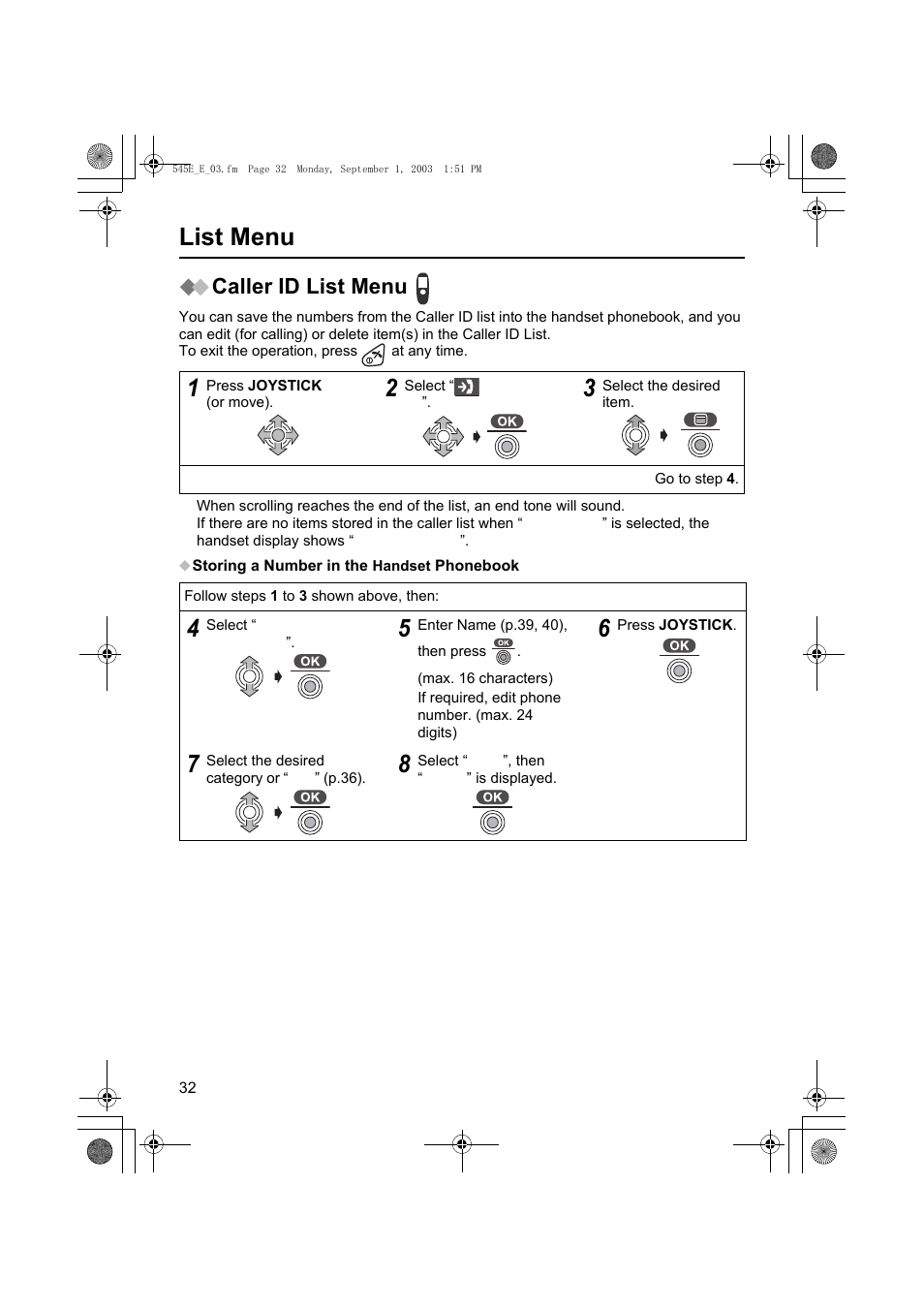 List menu, Caller id list menu | Panasonic KX-TCD545E User Manual | Page 32 / 129