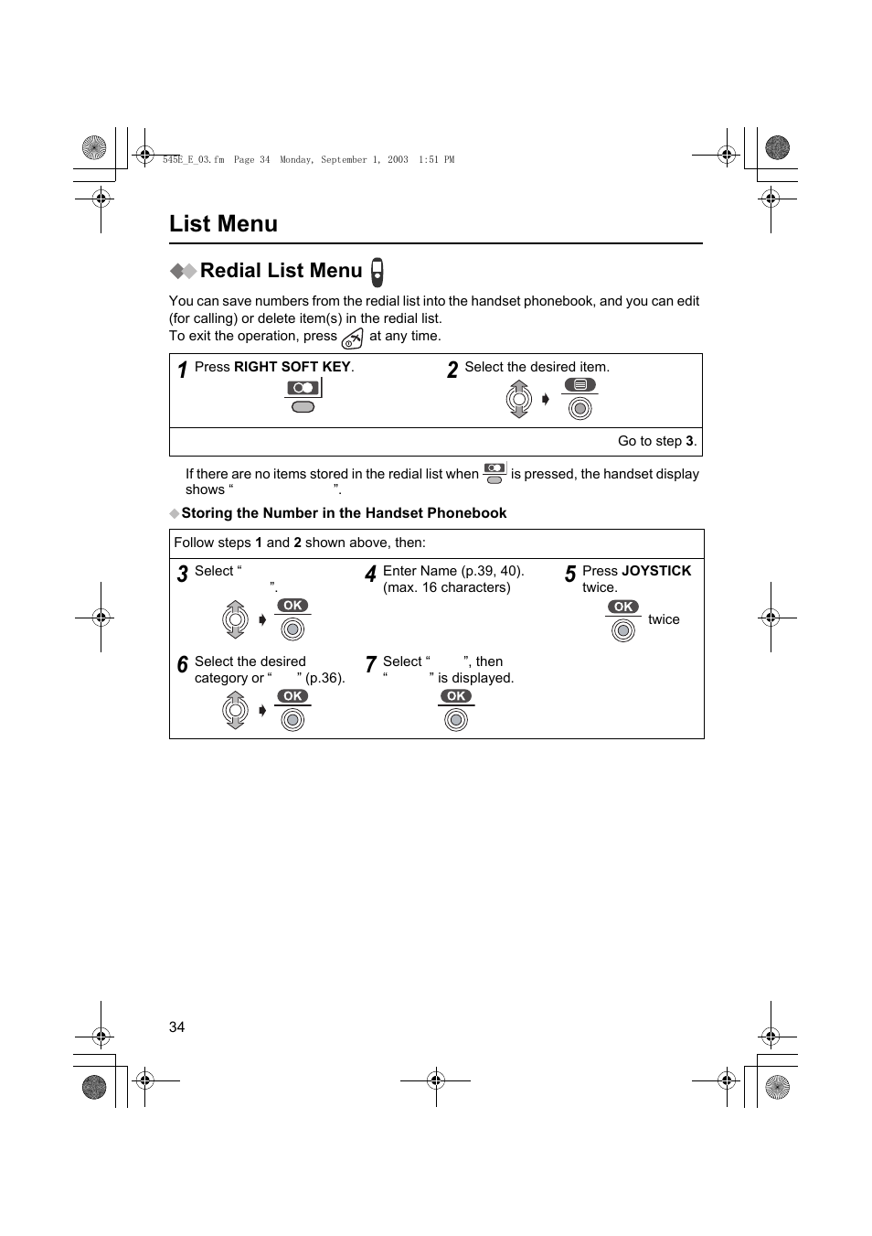 List menu, Redial list menu | Panasonic KX-TCD545E User Manual | Page 34 / 129