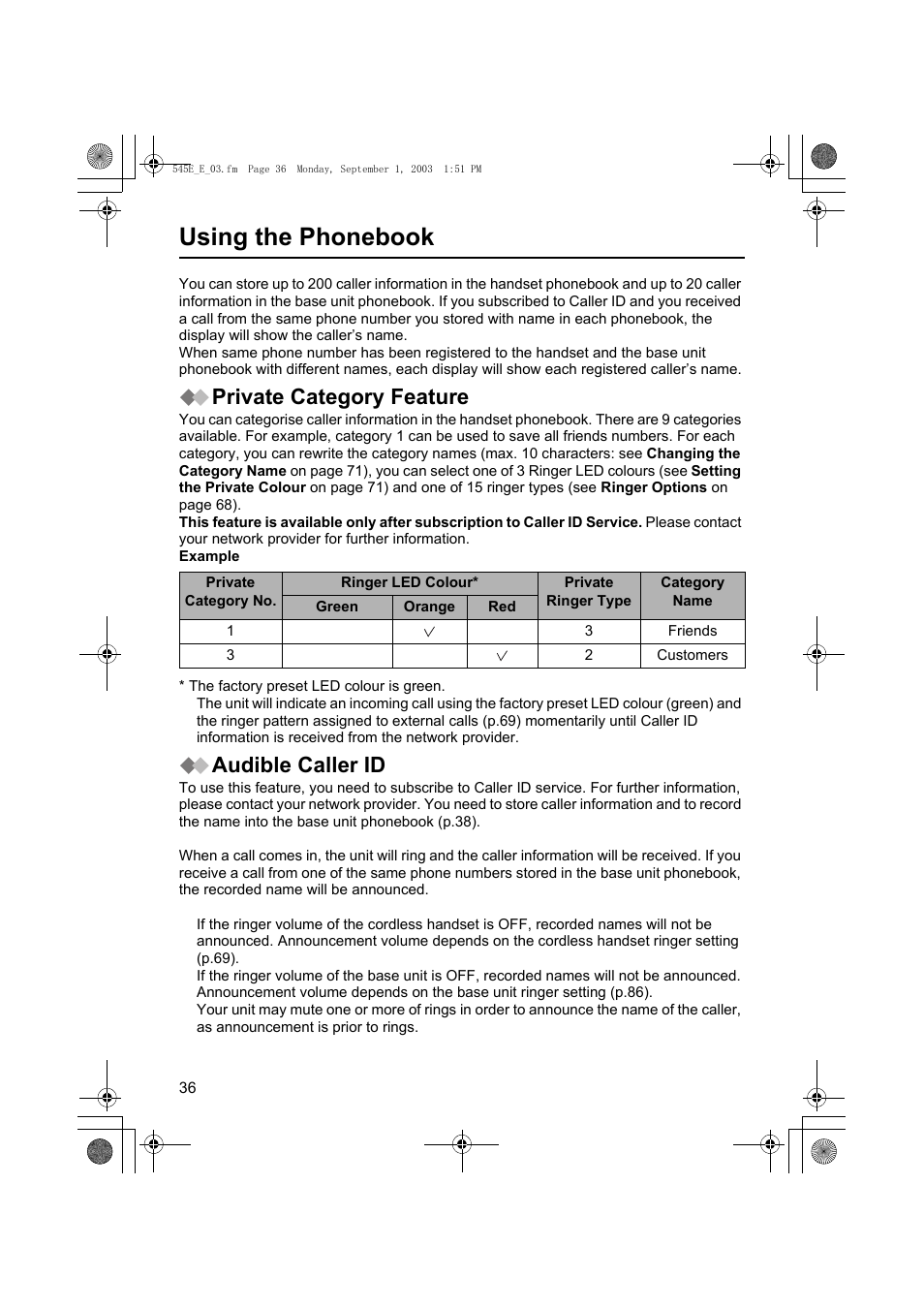 Using the phonebook, Private category feature, Audible caller id | Panasonic KX-TCD545E User Manual | Page 36 / 129